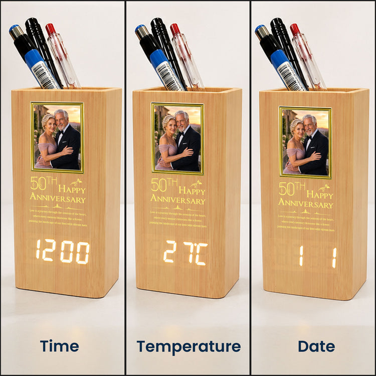Custom-Milestone-Wedding-Anniversary-Clock-Gifts-For-Parents,-Couple-Personalized-Pen-Holder-With-Clock-5