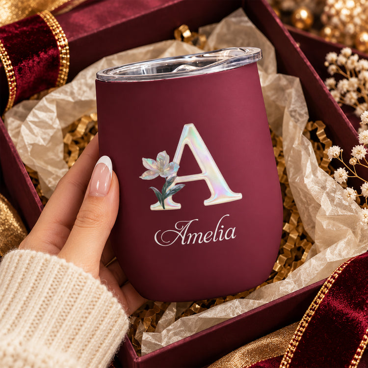 Custom-Mother-Of-Pearl-Effect-Birth-Flower-&-Initial-For-Her,-Daughter,-Coworker--Personalized-Wine-Tumbler-2