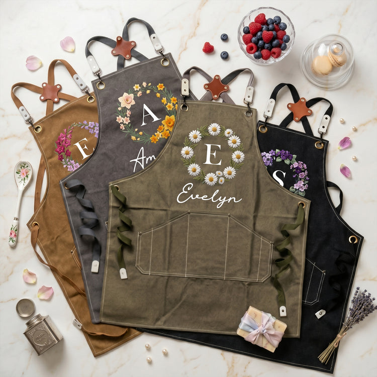 Custom-Name-And-Birth-Flower-Faux-Pattern-Personalized-Apron-1