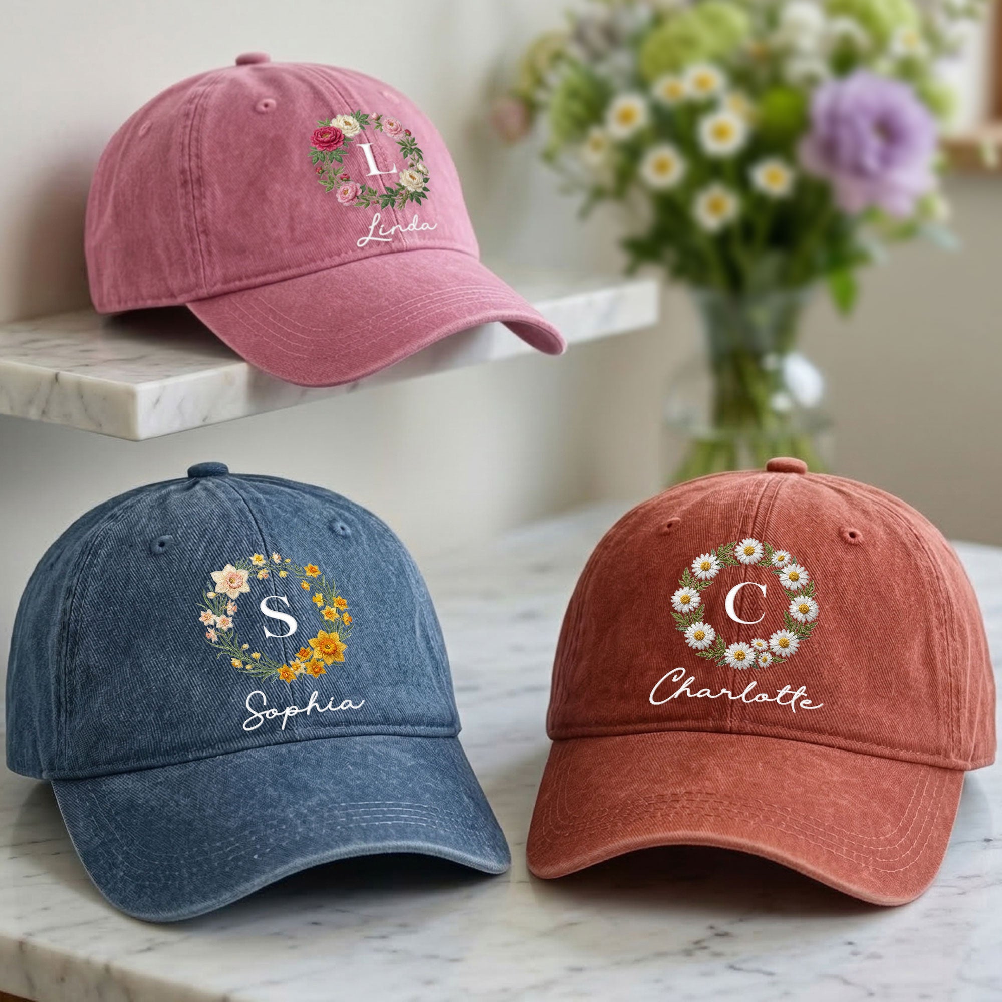 Custom-Name-And-Birth-Flower-Faux-Pattern-Personalized-Cap-1