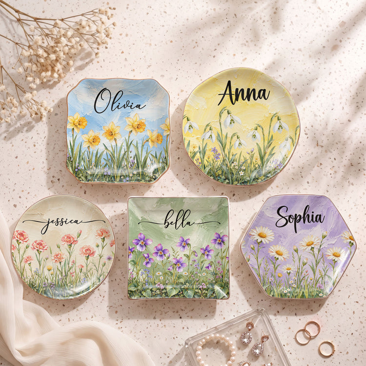 Custom-Name-&-Birth-Flower,-Faux-Oil-Pastel-Texture-Gift-For-Girl,-Besties,-Her-Personalized-Jewelry-Dish-2