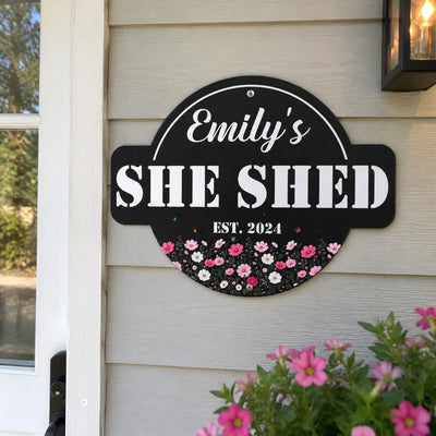 Custom Name, Birth Flower She Shed, Woman Cave - Personalized Metal Sign
