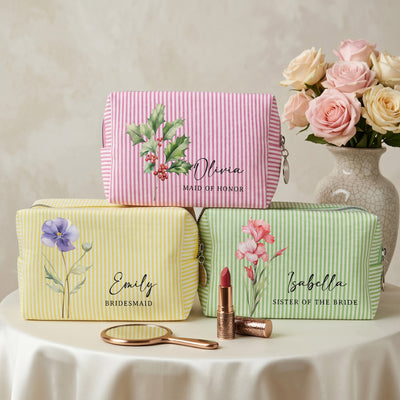 Custom Name & Birth Flower Wedding Gifts For Bridesmaid, Bride - Personalized Makeup Bag