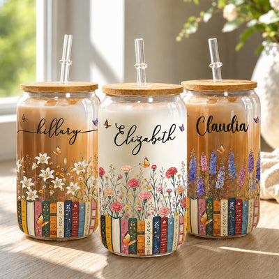 Custom Name & Birthflower For Book Lovers, Book Clubs - Personalized Glass Cup