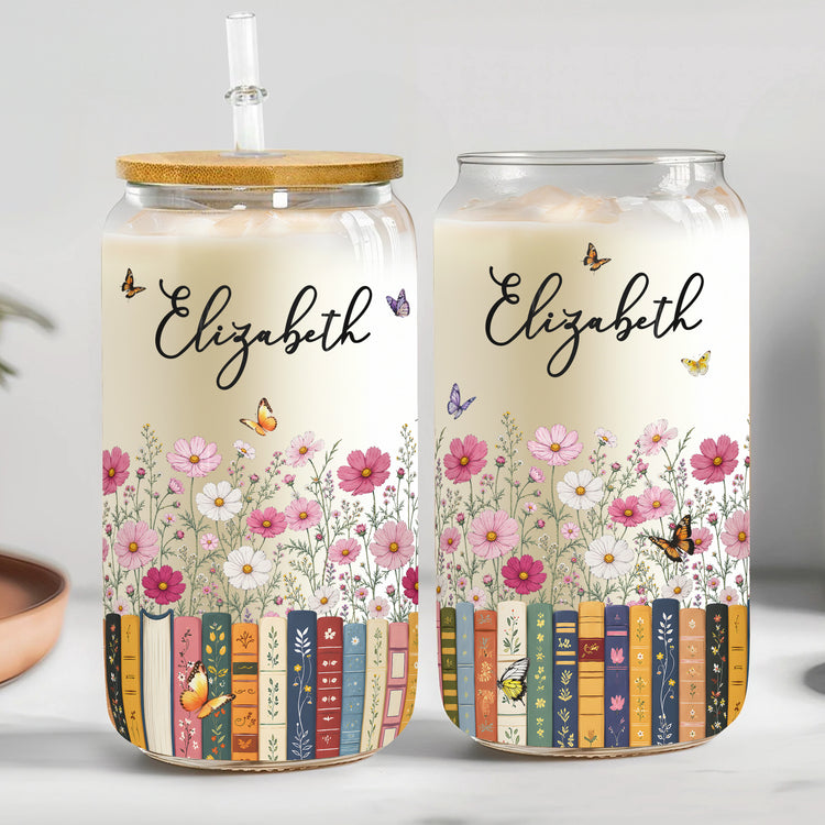 Custom-Name-&-Birthflower-For-Book-Lovers,-Book-Clubs-Personalized-Glass-Cup