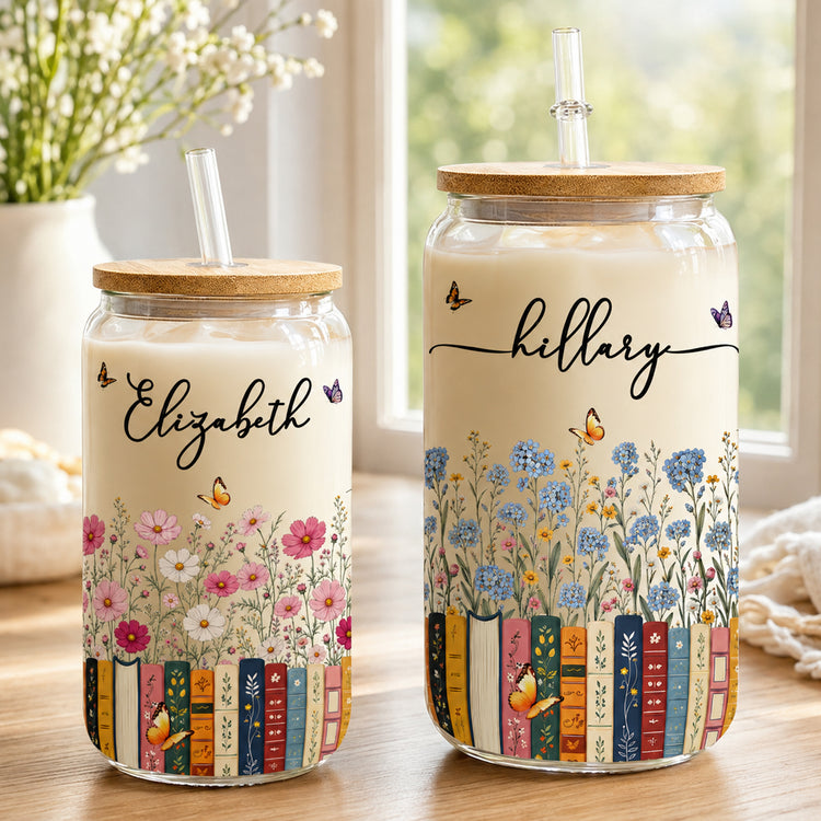 Custom-Name-&-Birthflower-For-Book-Lovers,-Book-Clubs-Personalized-Glass-Cup