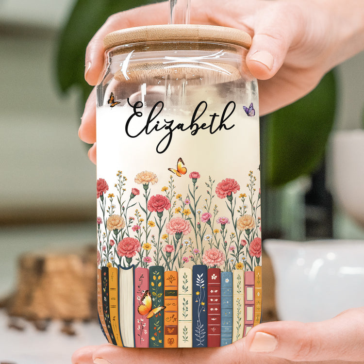 Custom-Name-&-Birthflower-For-Book-Lovers,-Book-Clubs-Personalized-Glass-Cup