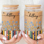 Custom-Name-&-Birthflower-For-Book-Lovers,-Book-Clubs-Personalized-Glass-Cup