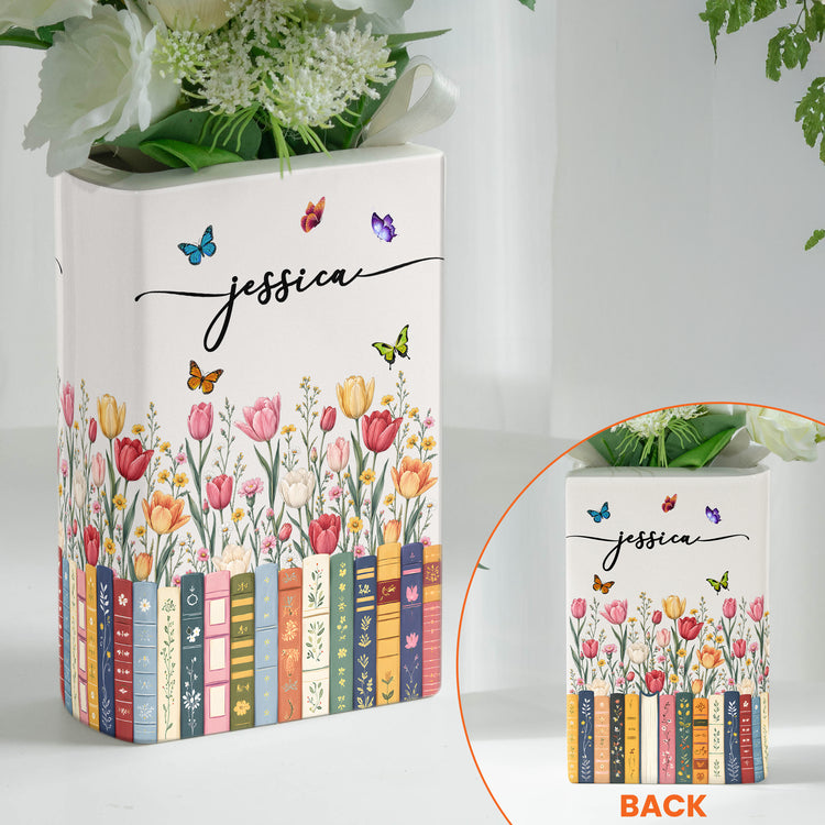 Custom-Name-&-Birthflower-For-Book-Lovers,-Book-Clubs-Personalized-Vase2