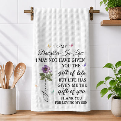 Custom Name & Birthflower Gift For Daughter In Law - Personalized Kitchen Towel