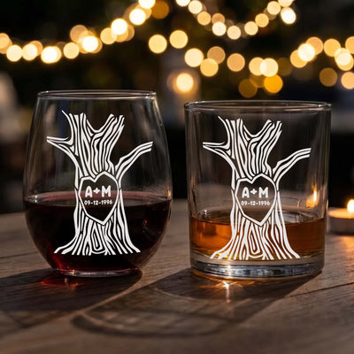 Custom Name & Date Tree Of Love - Personalized Whiskey Glass And Win Glass Set