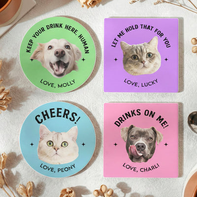Custom Pet, Dog, Cat, Drinks On Me - Personalized Photo Ceramic Coaster