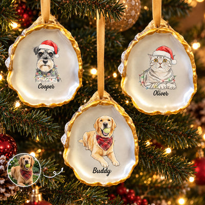 Custom Pet Photo Watercolor Oyster Christmas Ornament - Personalized Ornament