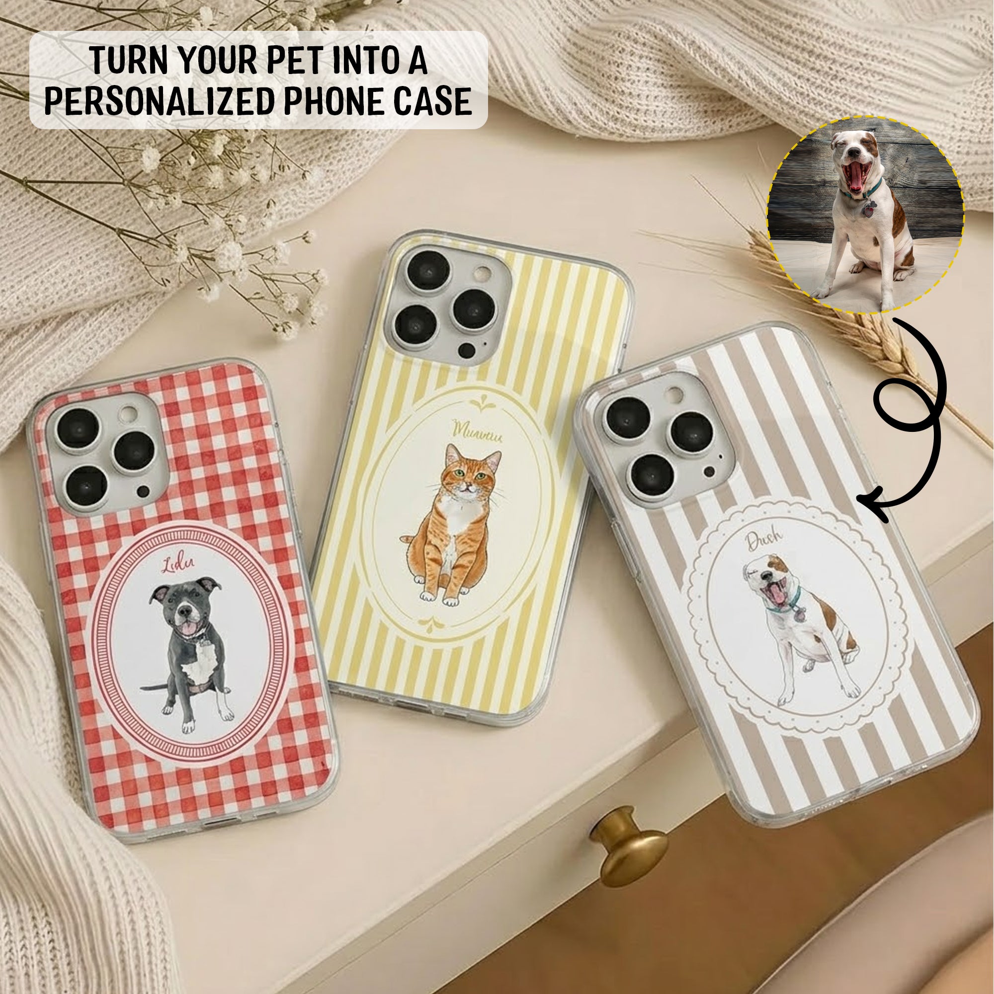 Custom Pet Portrait Watercolor Striped Pattern - Personalized Phone Case
