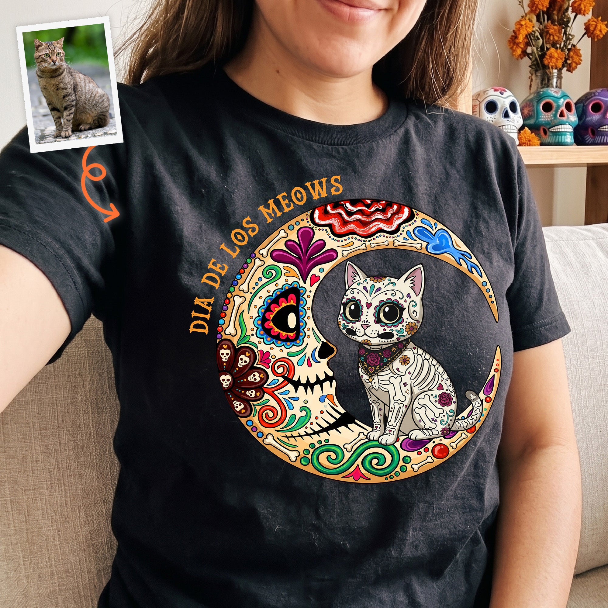 Custom-Pet-Portrait-Day-Of-The-Dead-Día-De-Los-Muertos-Moon-Personalized-Shirt-2