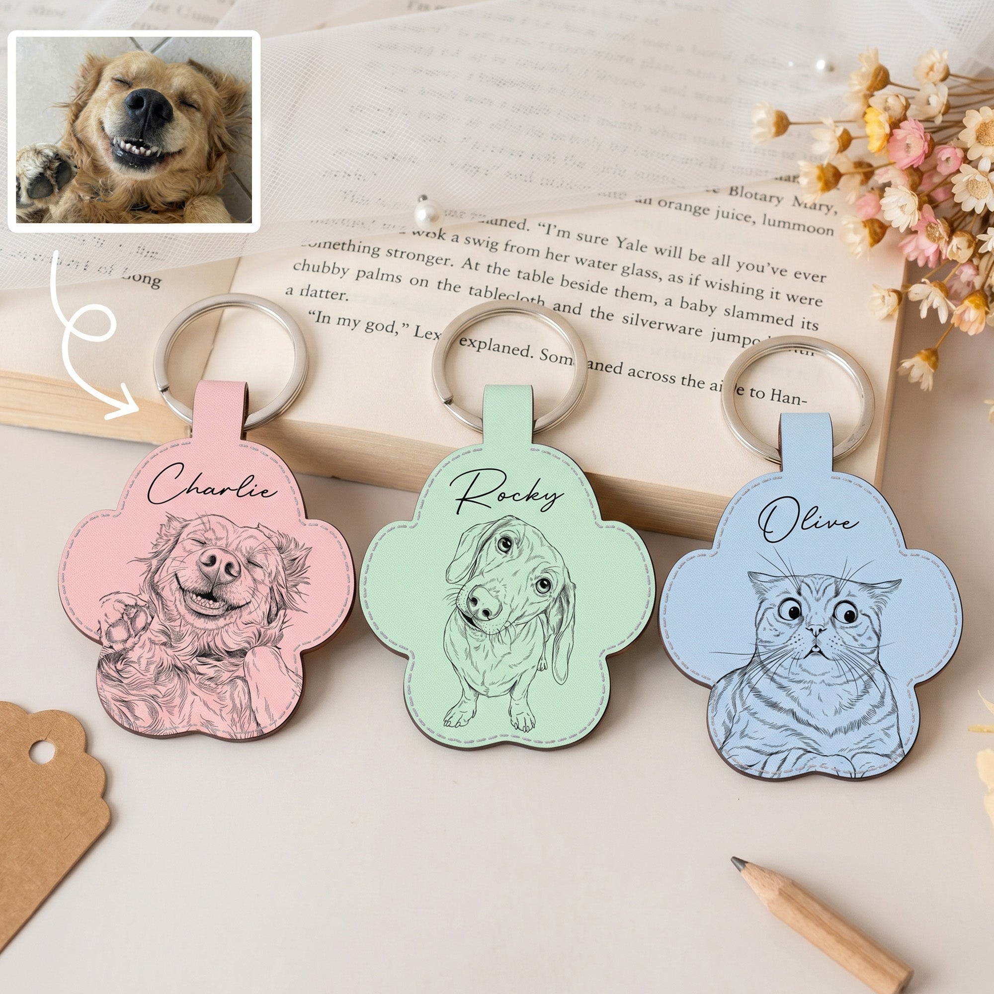 Custom-Pet-Portrait-Gift-For-Dog-Lover-Cat-Lover-Sketch-Style-Personalized-Keychain-1