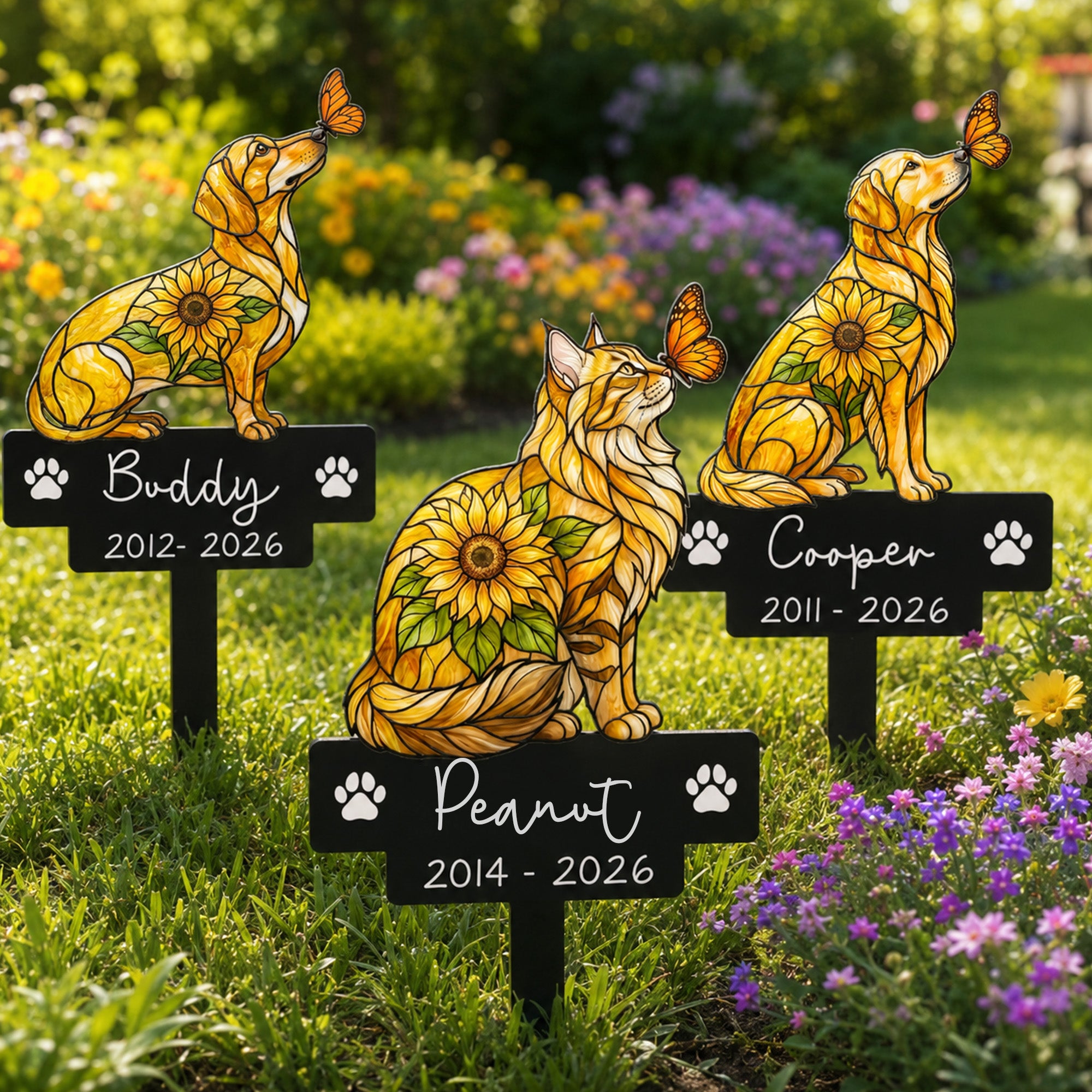 Custom-Pet Portrait Memorial Stained Glass Sunflower - Personalized Garden Stake 1