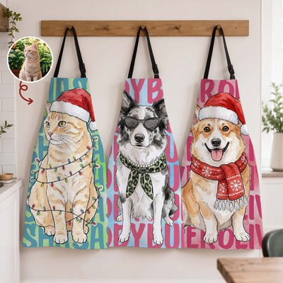 Custom Pet Portrait & Name Watercolor Style Kitchen Apron For Her - Personalized Apron