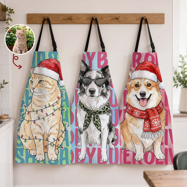 Custom-Pet-Portrait-&-Name-Watercolor-Style-Kitchen-Apron-For-Her-Personalized-Apron-1
