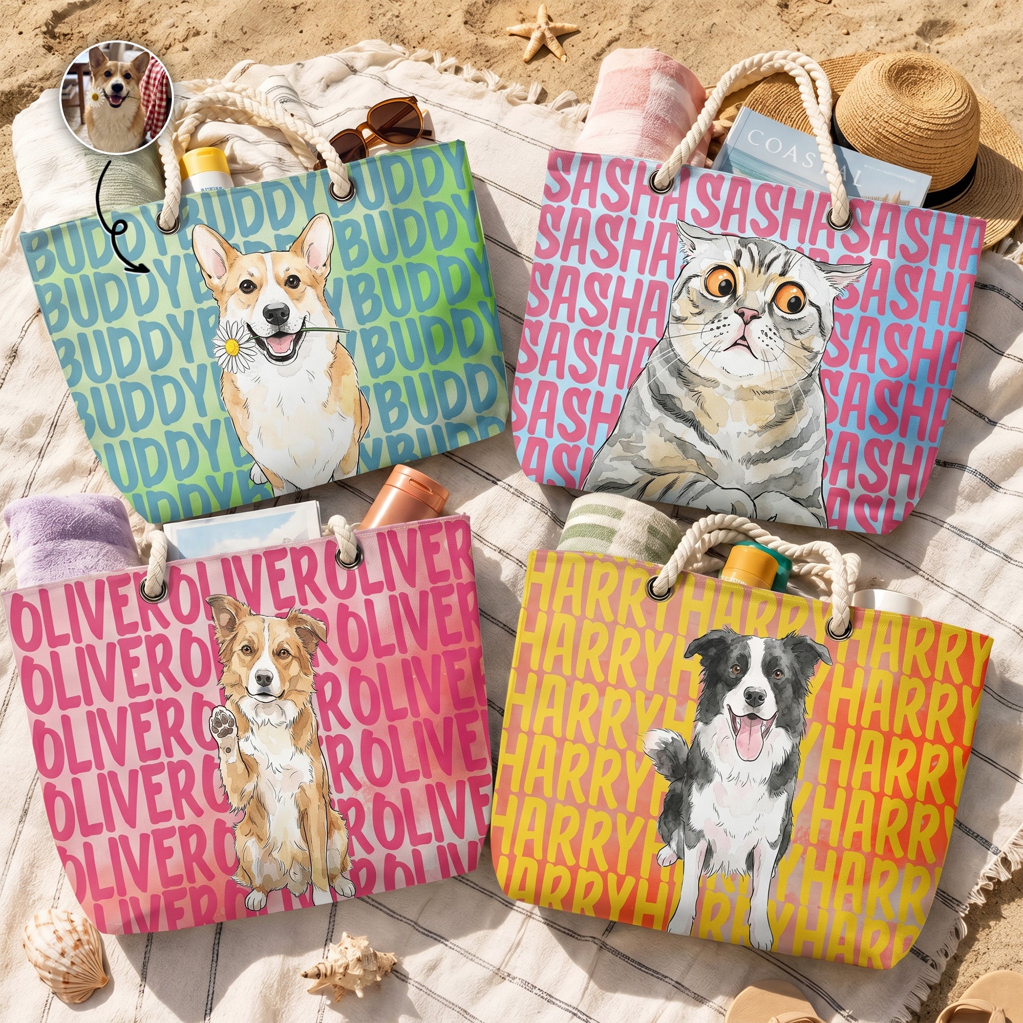 Custom-Pet-Portrait-&-Name-Watercolor-Style-Personalized-Beach-Bag-1