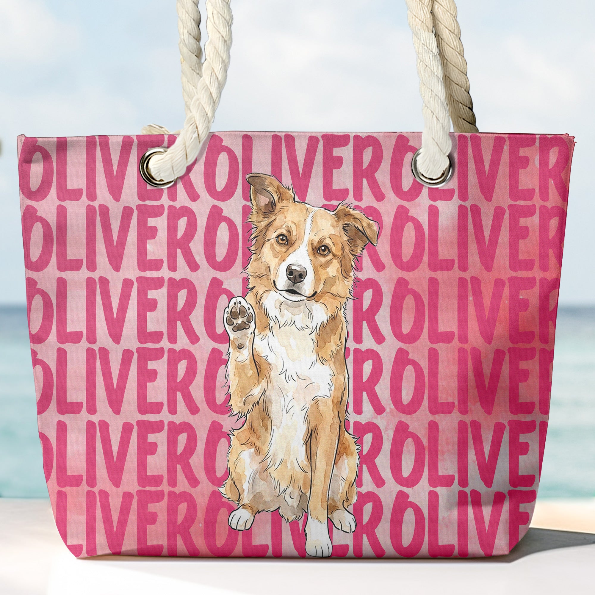 Custom-Pet-Portrait-&-Name-Watercolor-Style-Personalized-Beach-Bag-2