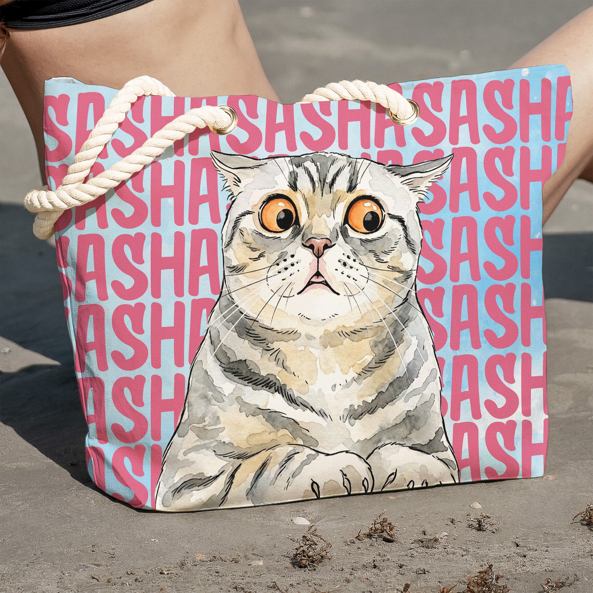 Custom-Pet-Portrait-&-Name-Watercolor-Style-Personalized-Beach-Bag-4