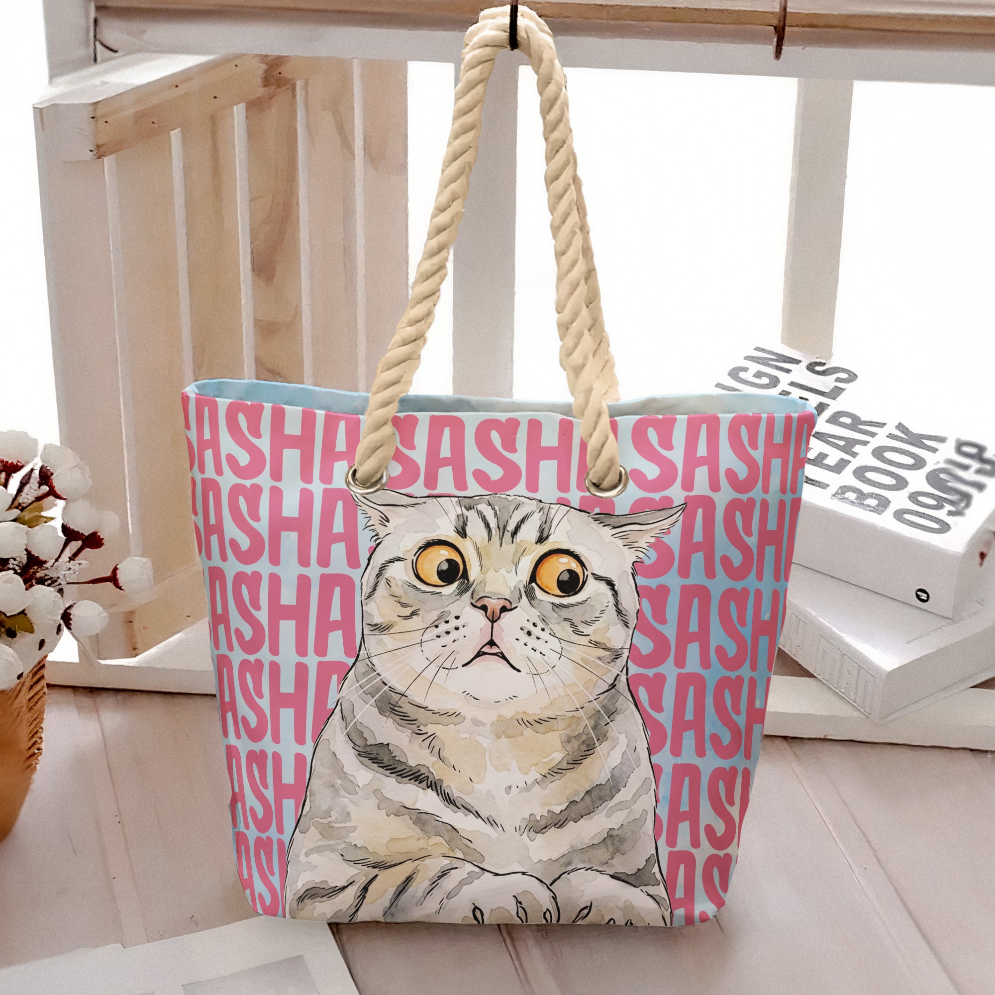 Custom-Pet-Portrait-&-Name-Watercolor-Style-Personalized-Beach-Bag-5