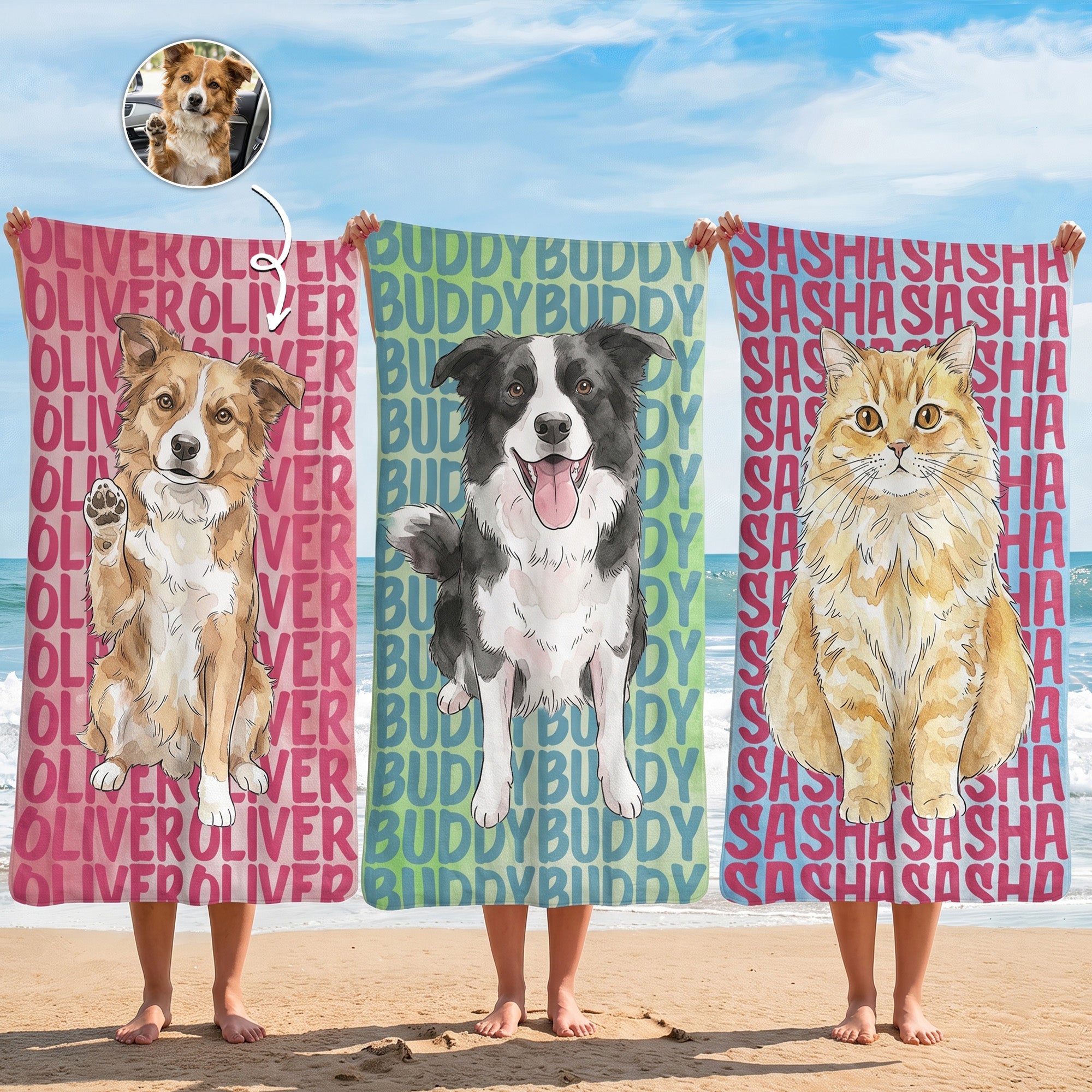 Custom-Pet-Portrait-&-Name-Watercolor-Style-Personalized-Beach-Towel-1