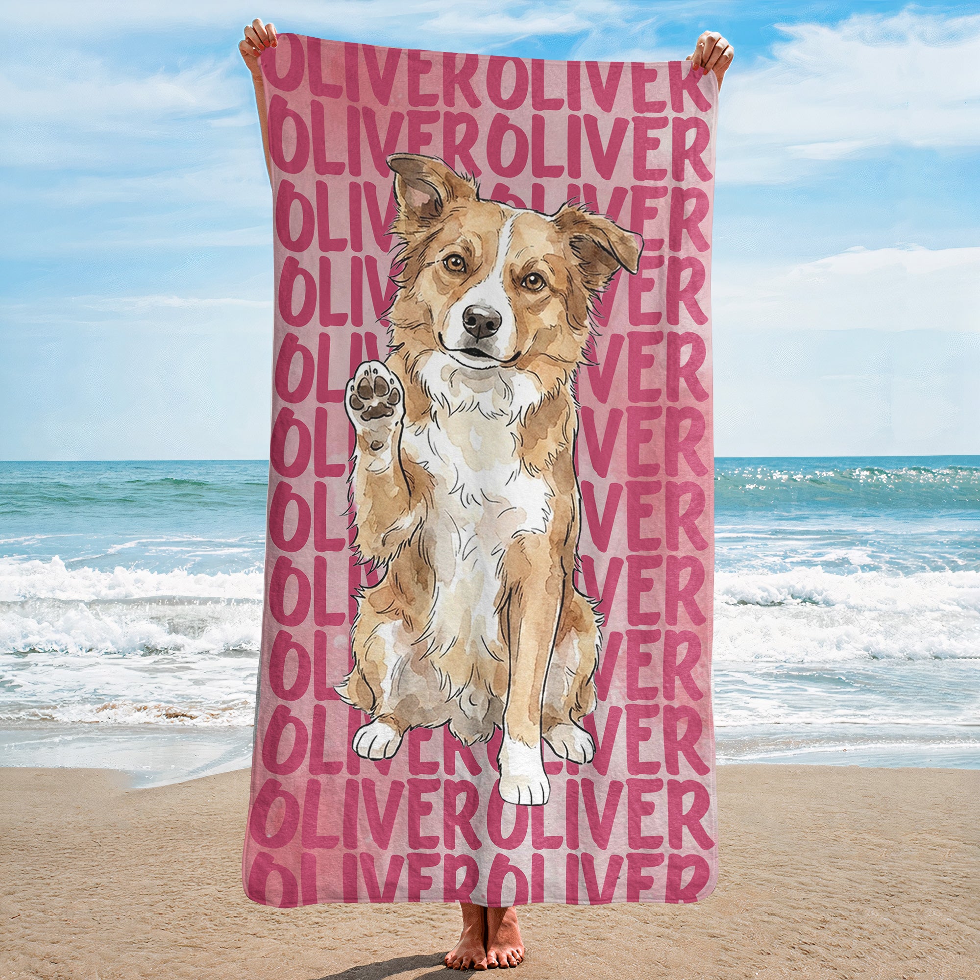 Custom-Pet-Portrait-&-Name-Watercolor-Style-Personalized-Beach-Towel-2