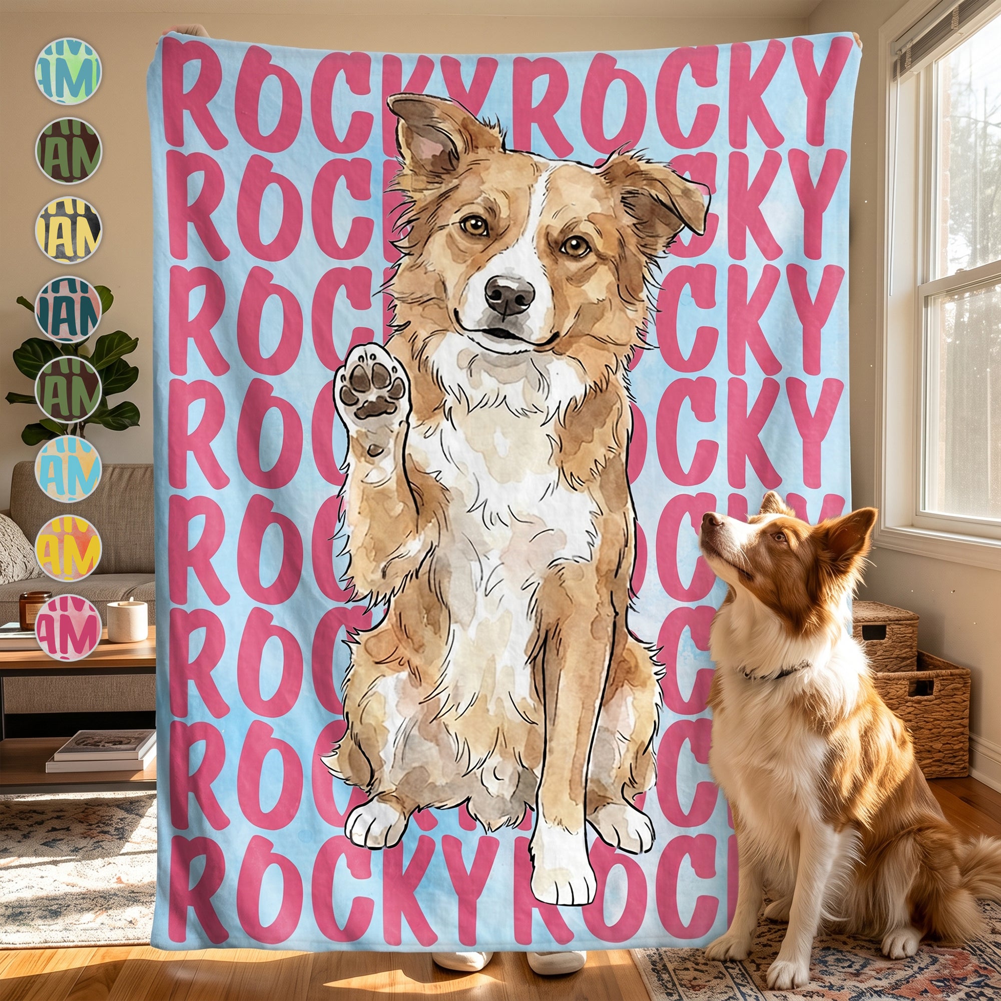 Custom-Pet-Portrait-&-Name-Watercolor-Style-Personalized-Blanket-1