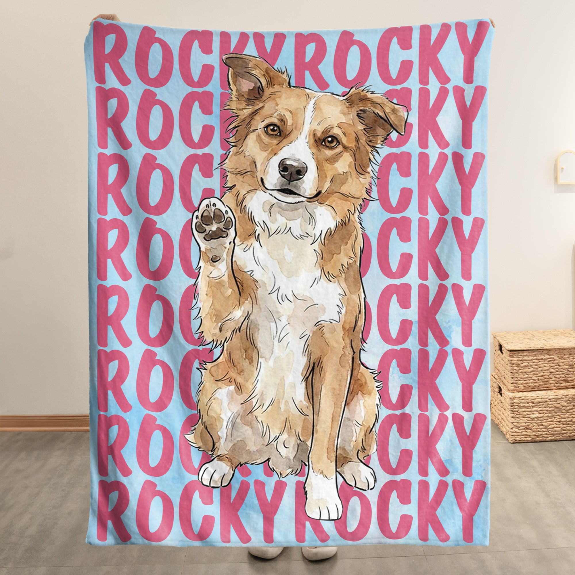 Custom-Pet-Portrait-&-Name-Watercolor-Style-Personalized-Blanket-2