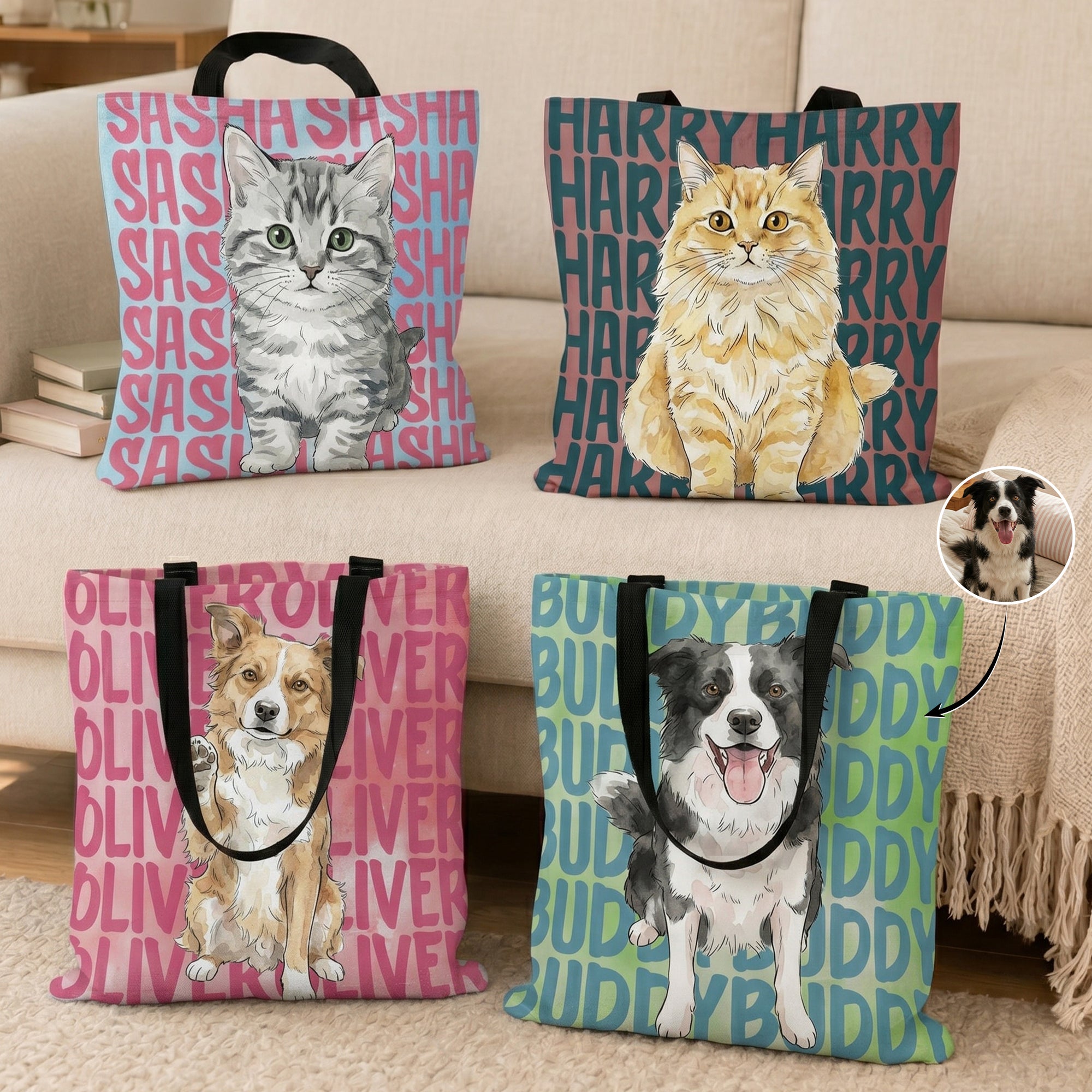 Custom-Pet-Portrait-&-Name-Watercolor-Style-Personalized-Tote-Bag-1