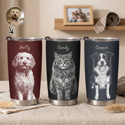 Custom Pet Portrait Sketch Art Gift For Dog Lovers, Cat Lovers - Personalized Tumbler Cup