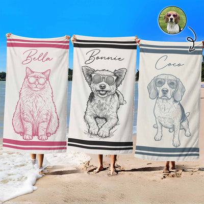 Custom Pet Portrait Sketch Line Art Summer Gift For Pet Lovers - Personalized Beach Towel