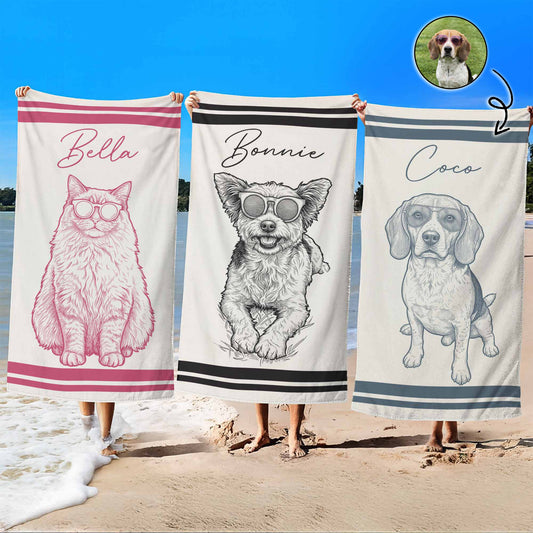 Custom-Pet-Portrait-Sketch-Line-Art-Summer-Gift-For-Pet-Lovers-Personalized-Beach-Towel-1