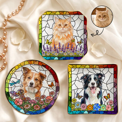 Custom Pet Portrait Stained Glass Floral Colorful - Personalized Jewelry Dish