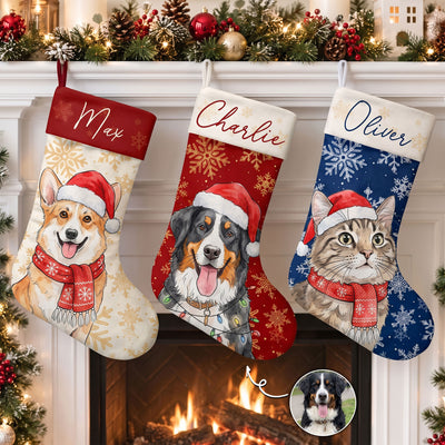 Custom Pet Portrait Watercolor Art Snowflake Christmas - Personalized Stocking