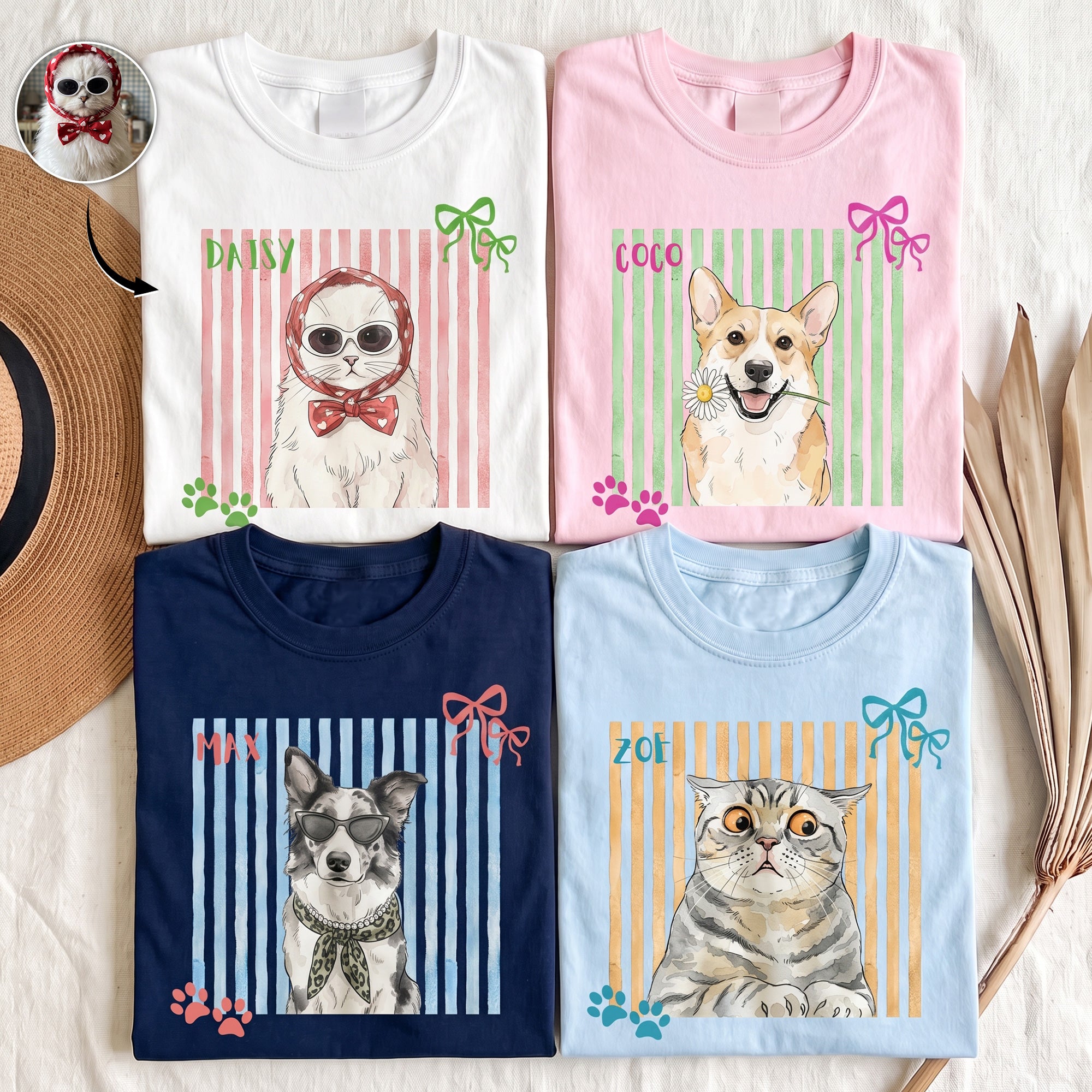 Custom-Pet-Portrait-Watercolor-Art-Striped-Pattern-Colorful-Personalized-Shirt-1