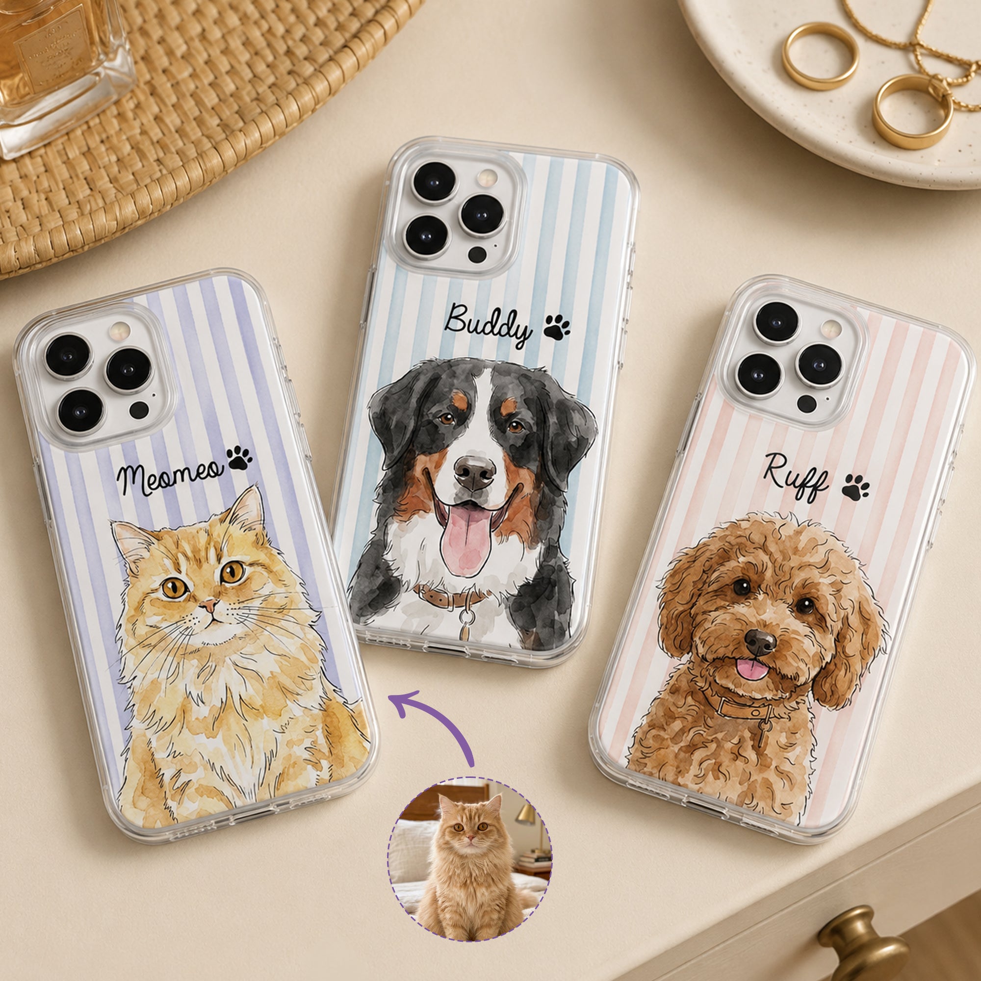 Custom-Pet-Portrait-Watercolor-Art-Striped-Pattern-Gift-For-Pet-Lovers-Personalized-Phone-Case-1