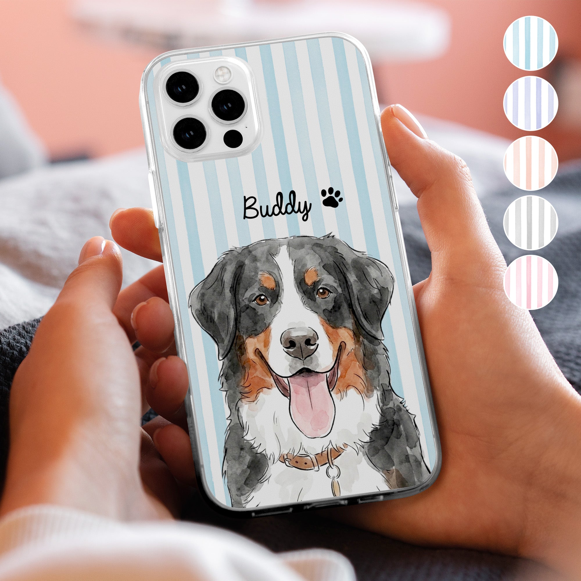 Custom-Pet-Portrait-Watercolor-Art-Striped-Pattern-Gift-For-Pet-Lovers-Personalized-Phone-Case-2