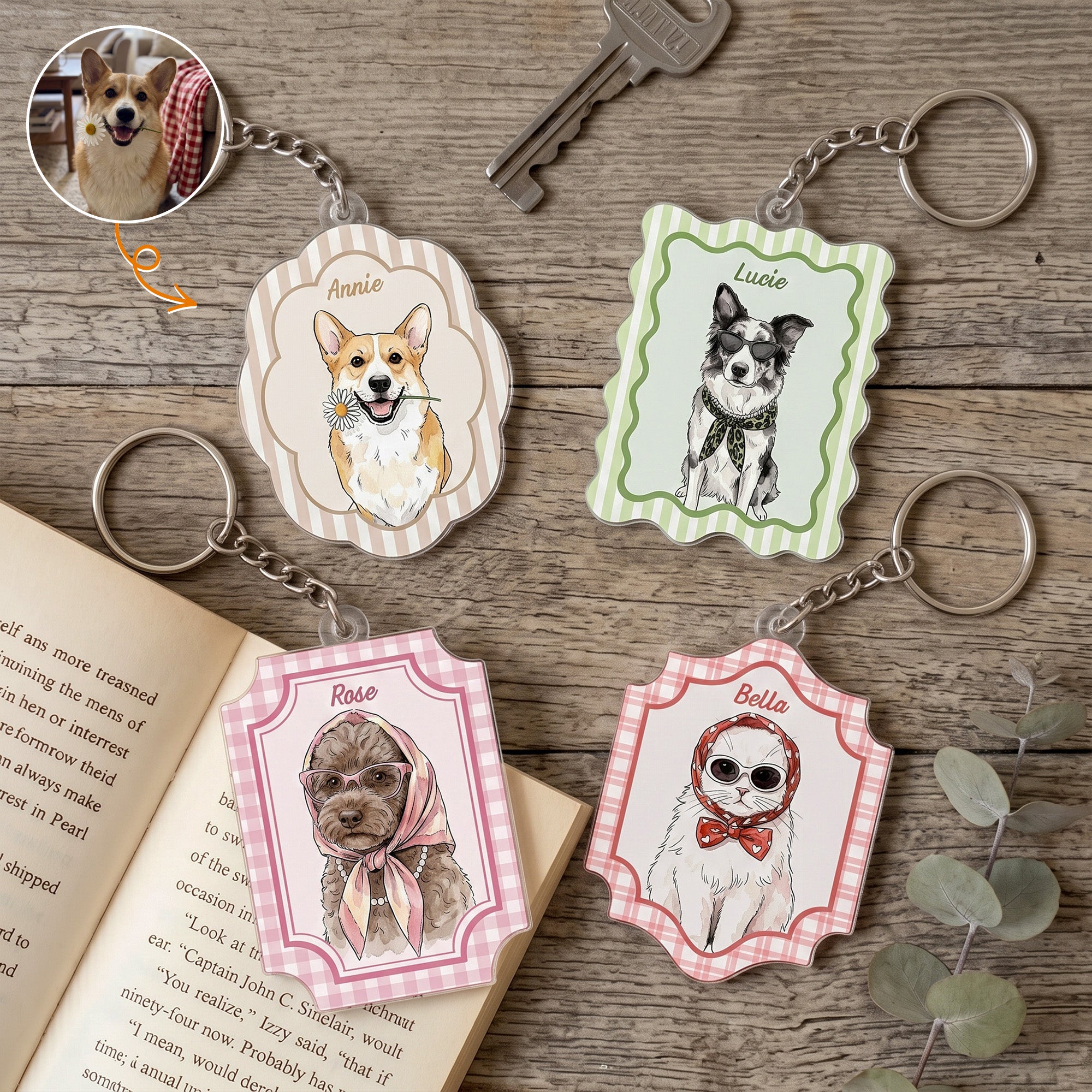 Custom-Pet-Portrait-Watercolor-Art-Striped-Pattern-Gifts-For-Dog-Mom-Cat-Mom-Personalized-Keychain-1