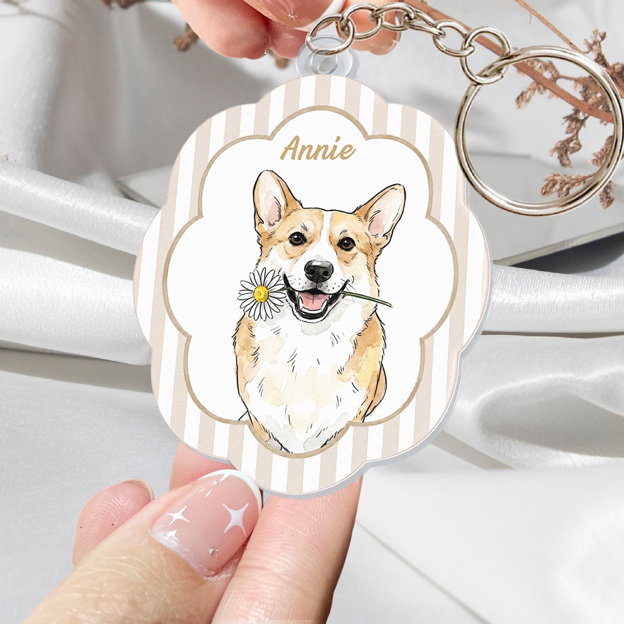 Custom-Pet-Portrait-Watercolor-Art-Striped-Pattern-Gifts-For-Dog-Mom-Cat-Mom-Personalized-Keychain-4