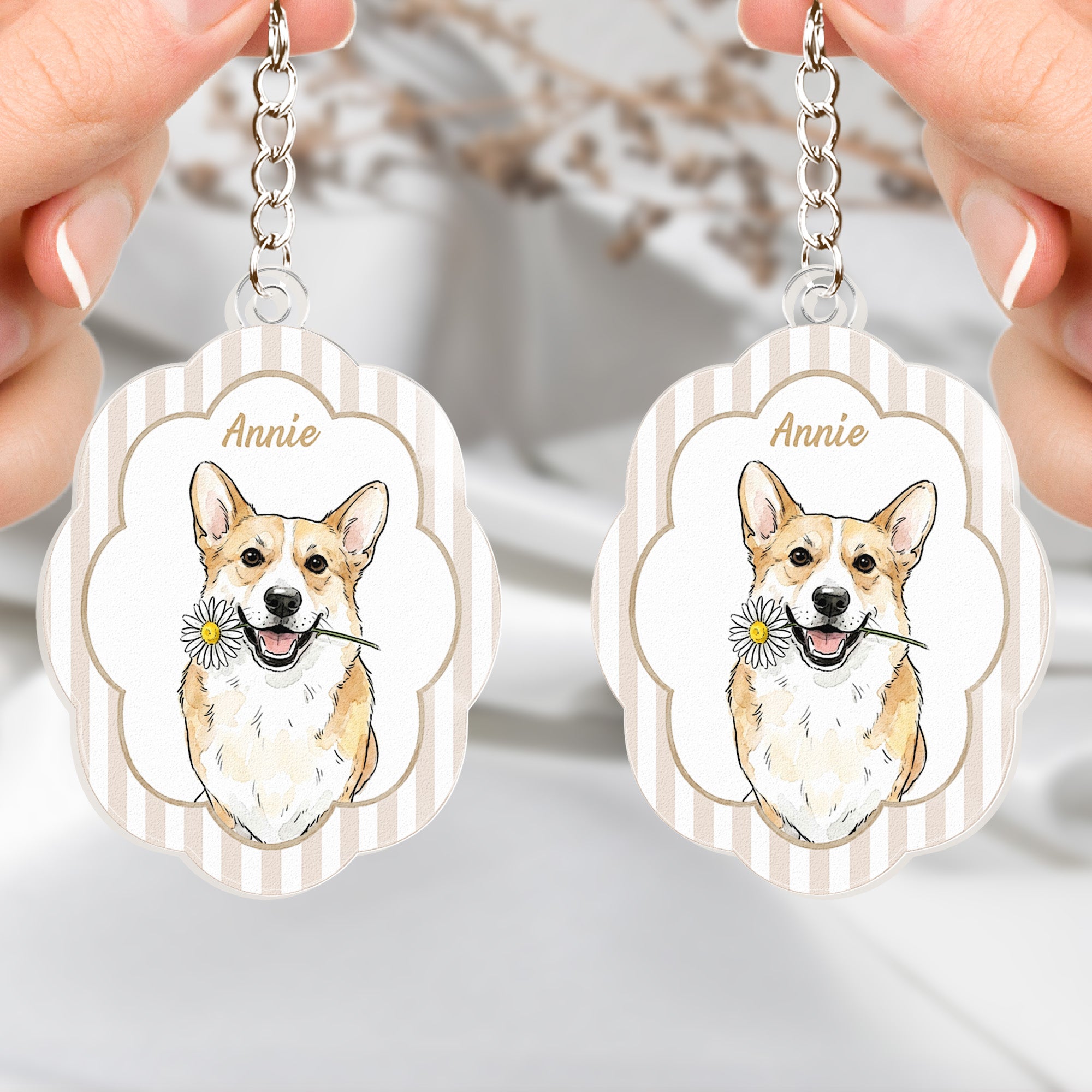 Custom-Pet-Portrait-Watercolor-Art-Striped-Pattern-Gifts-For-Dog-Mom-Cat-Mom-Personalized-Keychain-5