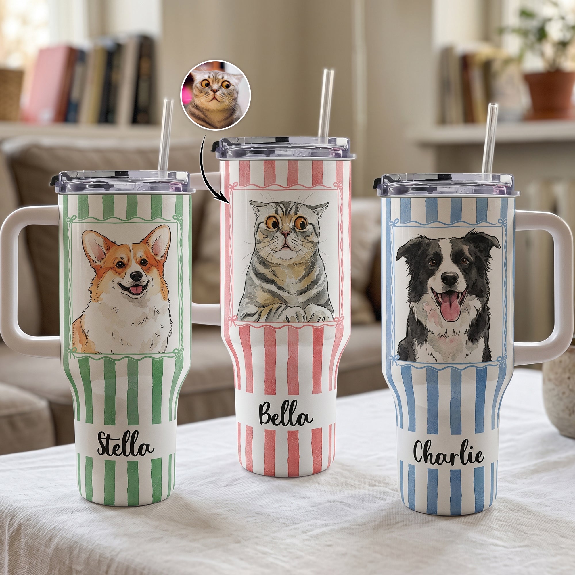 Custom-Pet-Portrait-Watercolor-Art-Striped-Pattern-New-Version-Personalized-40oz-Tumbler-1