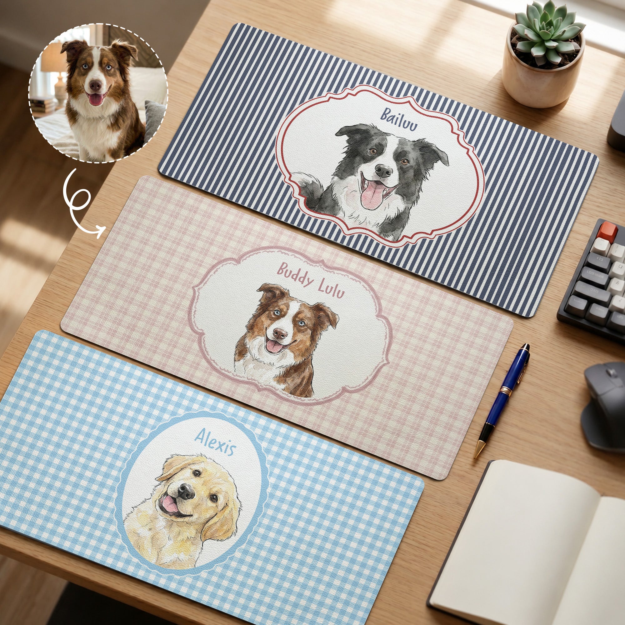 Custom-Pet-Portrait-Watercolor-Art-Striped-Pattern-Personalized-Desk-Mat-1