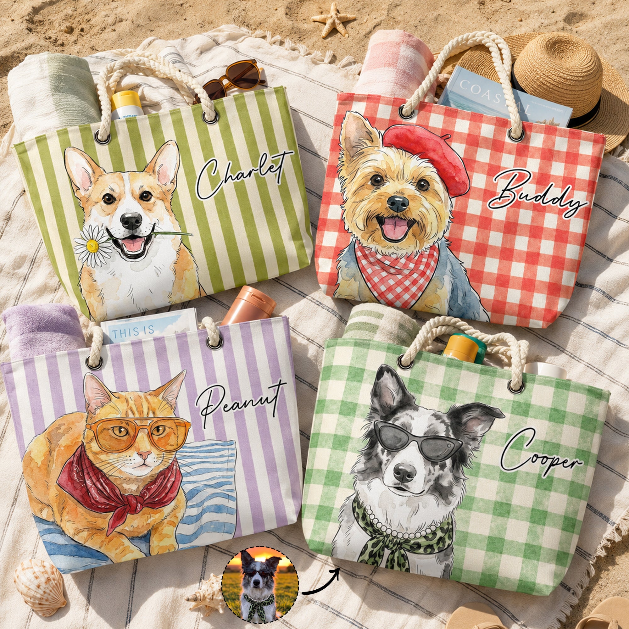 Custom-Pet-Portrait-Watercolor-Art-Summer-Beach-Accessories-Personalized-Beach-Bag-1