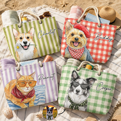 Custom Pet Portrait Watercolor Art Summer Beach Accessories - Personalized Beach Bag