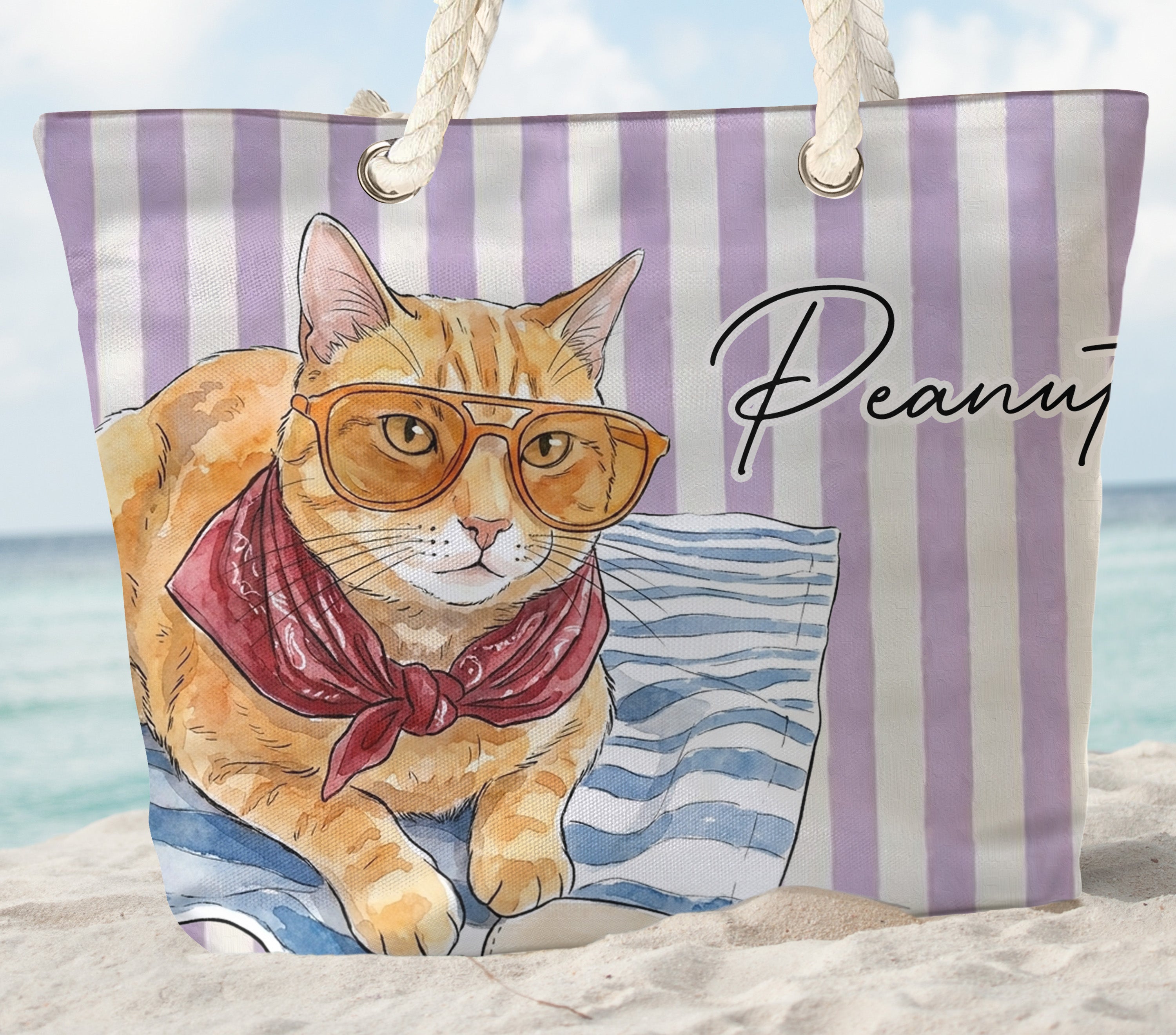 Custom-Pet-Portrait-Watercolor-Art-Summer-Beach-Accessories-Personalized-Beach-Bag-3