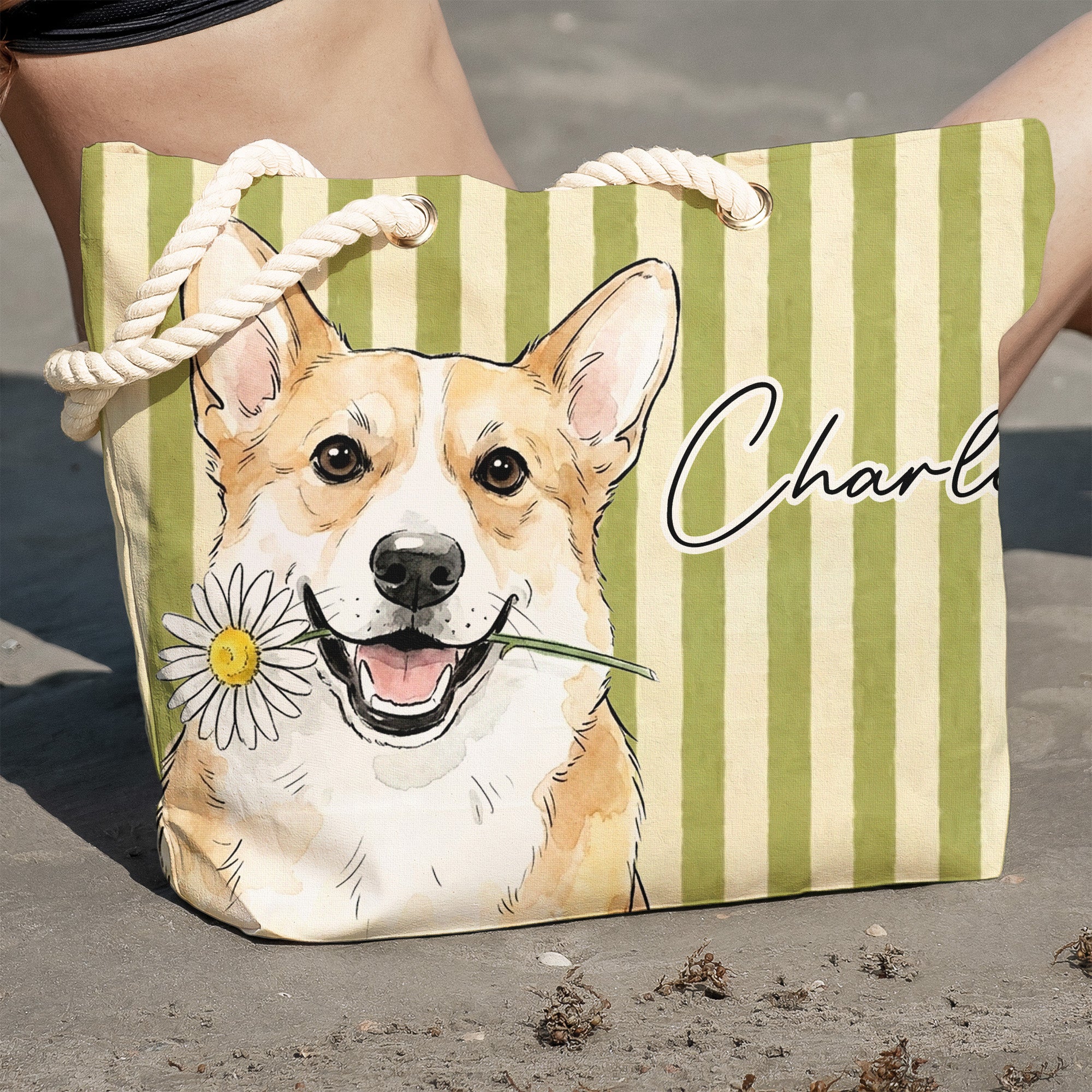 Custom-Pet-Portrait-Watercolor-Art-Summer-Beach-Accessories-Personalized-Beach-Bag-4