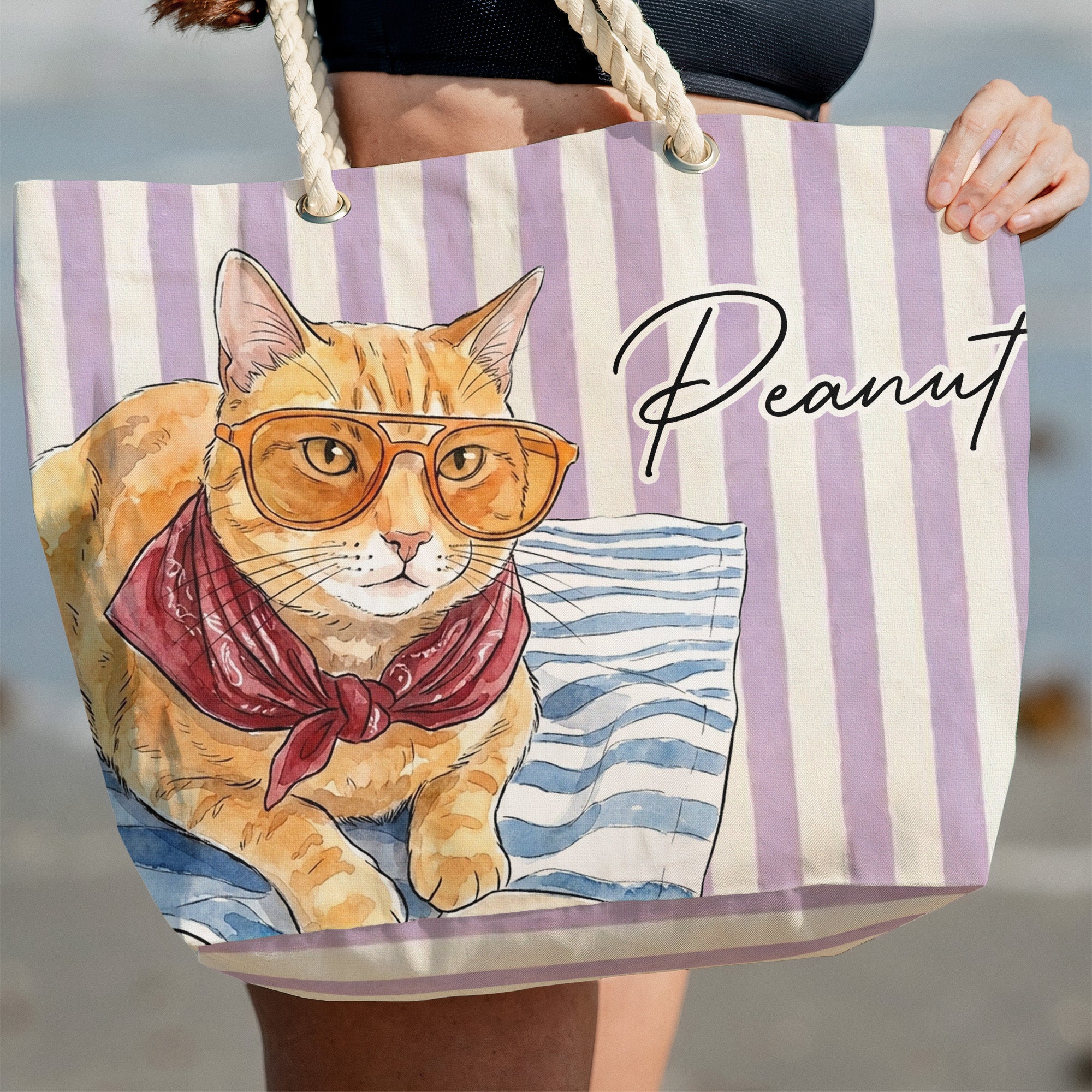 Custom-Pet-Portrait-Watercolor-Art-Summer-Beach-Accessories-Personalized-Beach-Bag-6